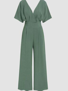 Linen blend V-neck Solid Corset Middle Sleeve Pocket Jumpsuit Size 4XL